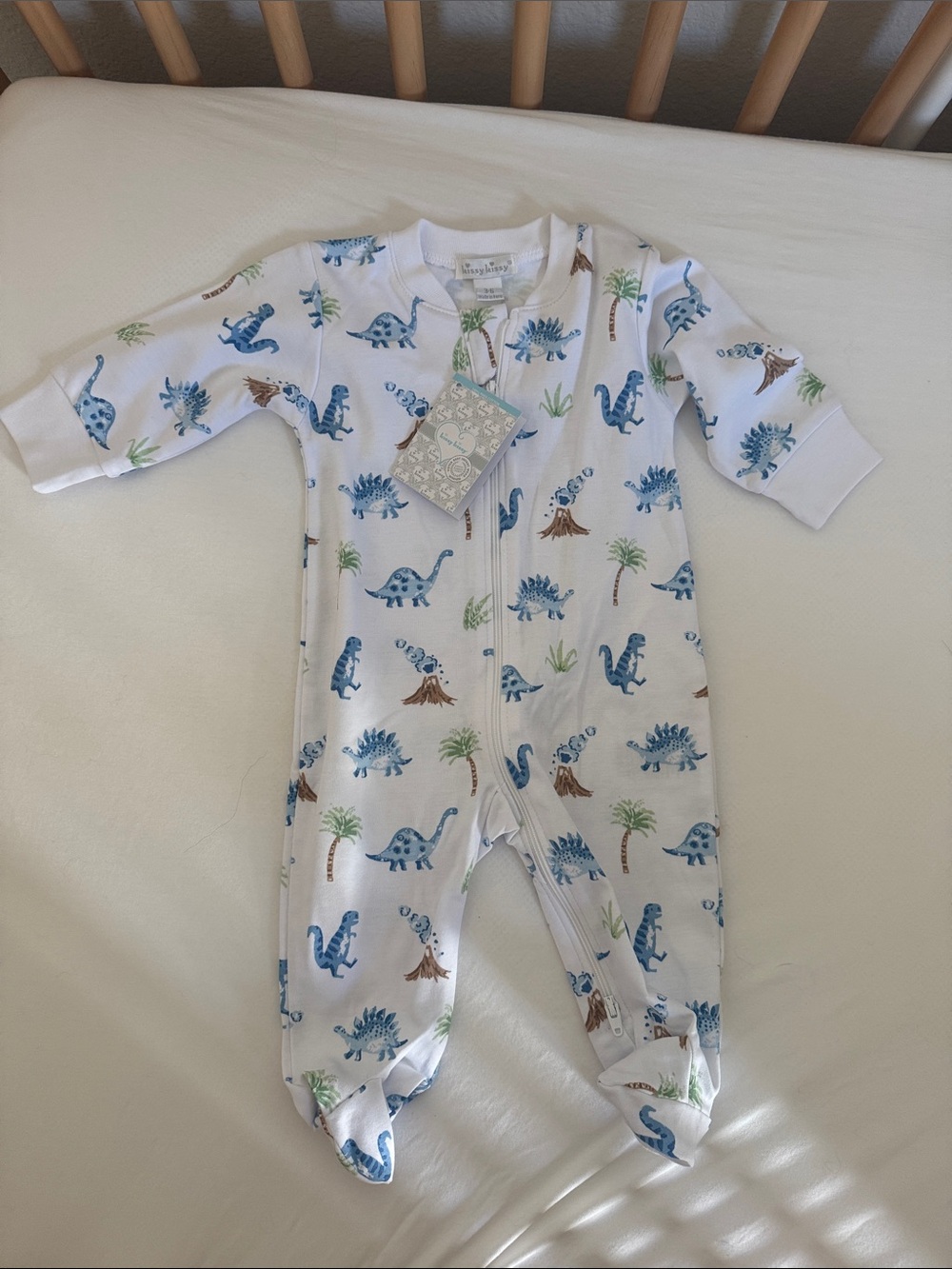 Kissy Kissy White Blue Dino-Print Footed One-Piece 2 Way Zip NWT